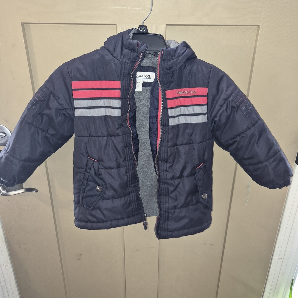 London Fog Kids Puffer Jacket Size 4 Navy Red Hood